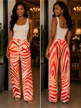 Lafayette 148 New York Red & Cream Zebra-Print Wide-Leg Trousers